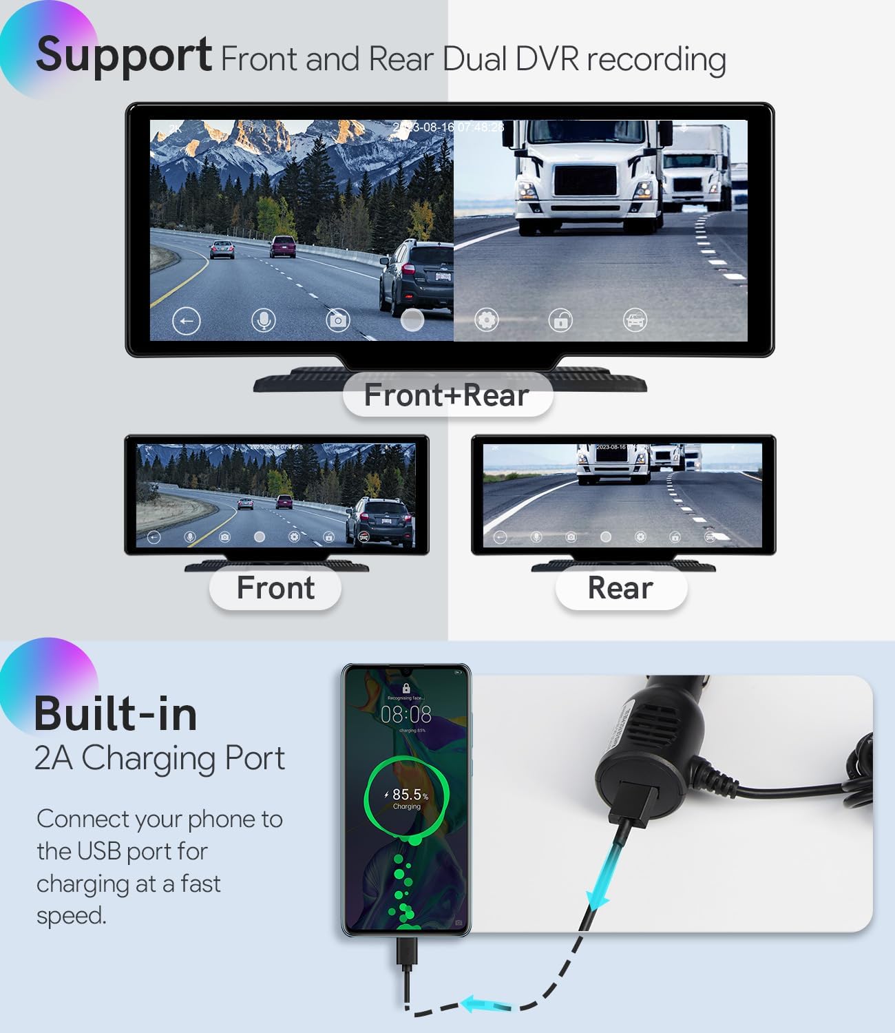 Front and rear camera recording display and USB charging port