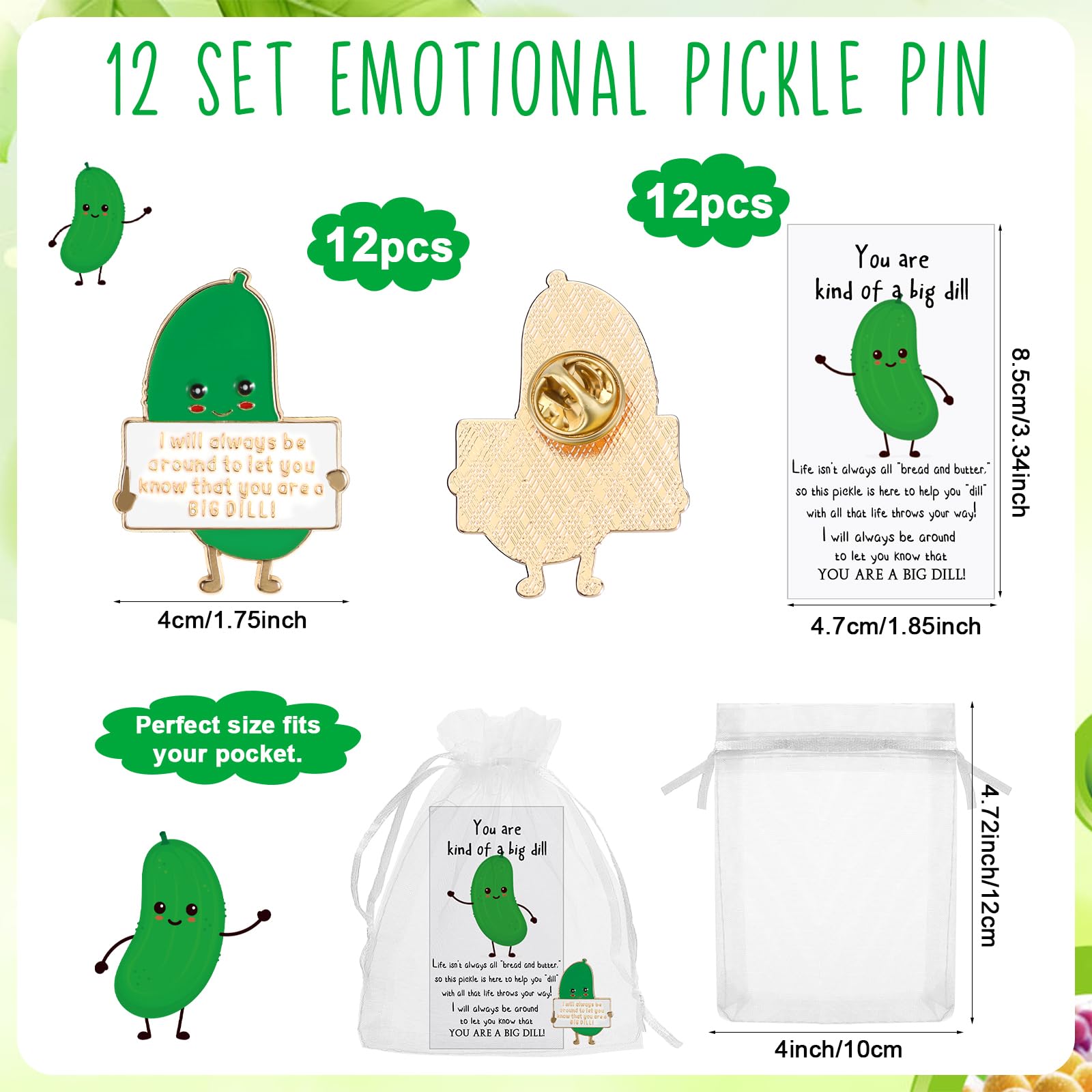 Huquary 12 Sets Positive Pickle Pin Gifts Encourage Emotional Support Pickle Ornament with Inspirational Card You Are a Big Dill Lapel Pin Cute Cucumber Employee Appreciation Party Gifts
