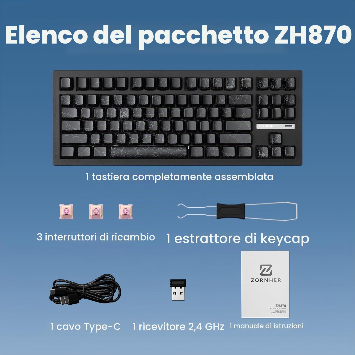 ZORNHER Tastiera meccanica da gioco wireless ZH870, 80% nera con suono cremoso personalizzato con tasti Spider Web IMD PC, interruttori lineari dal suono cremoso, hot-swap, retroilluminazione RGB, 2,4