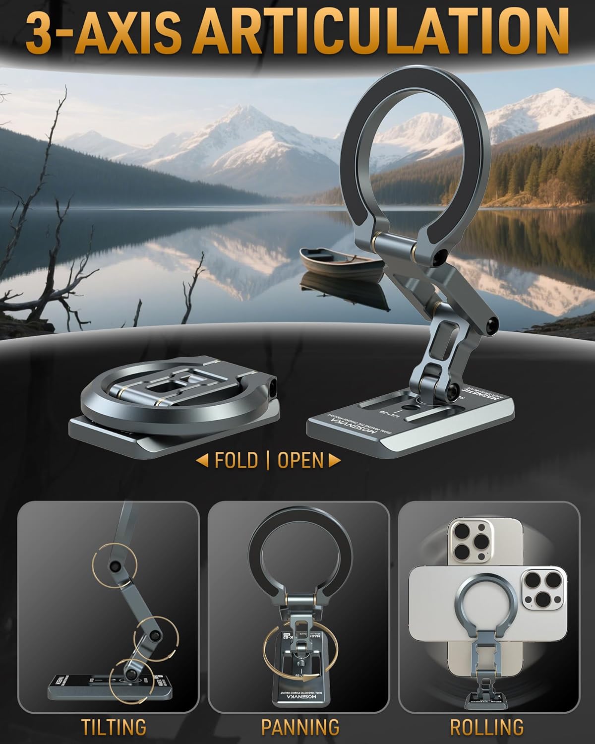 Dual Magnetic Phone Holder Gym Magnetic Stand,Tripod Phone Mount (1/4'' Hole& ARCA-Swiss),Portable Phone Grip for iPhone 12/13/14/15/16/17-Desk/Car/Gym/Golf Cart/Airplane Use Stand (Grey) - Image 3