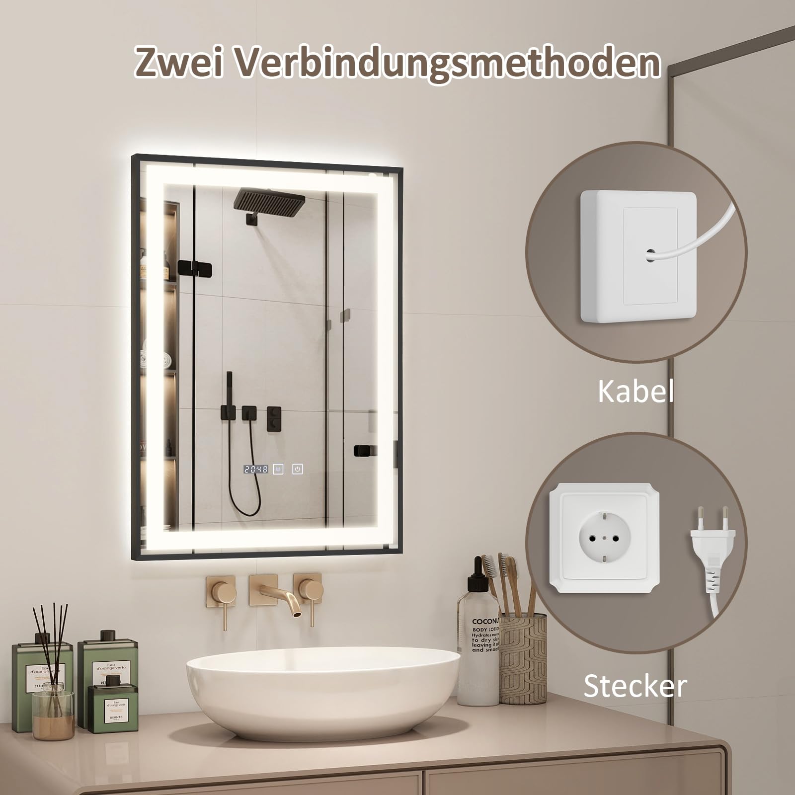 YOURLITE Badspiegel mit Beleuchtung 50x70,Badezimmerspiegel Led Badspiegel,UhrTouch-Schalter,Spiegel Bad mit Beleuchtung,3Lichtfarben Dimmbar,Antibeschlag,Wandspiegel,Speicherfunktion,Vertikal,Schwarz