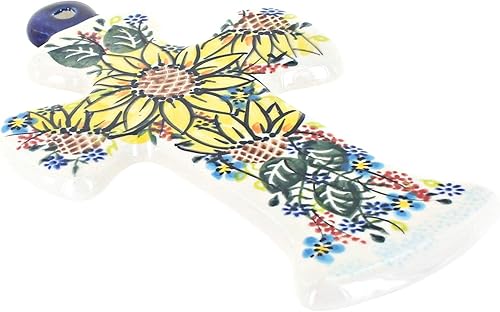 Cruz de laberinto de girasol de cerámica polaca rosa azul