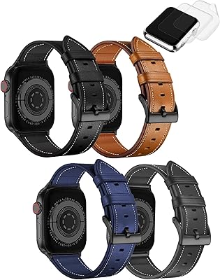 (4 Pack)Compatible with Apple Watch Band 49mm 45mm 44mm 42mm, U.B.T Genuine Leather Bands Strap for iWatch Ultra SE2 SE Series 9 8 7 6 5 4 3(Black/Brown/Grey/Dark Blue)w/Black Adapter, 2x Screen Protector As Gift