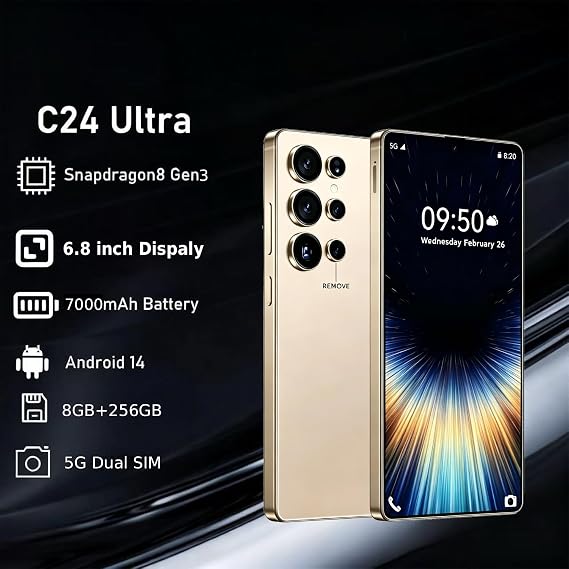 C24 Ultra Unlocked Phones 8G+256G Android 14 Phone 6.8 Screen