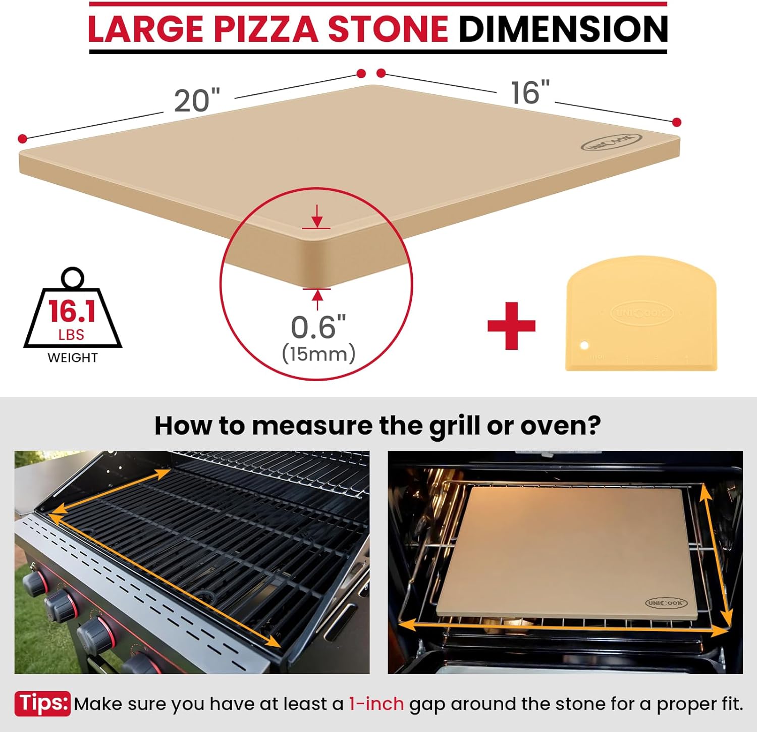 Unicook Large Rectangular Pizza Stone for Oven and Grill 20" x 16" x 0.6", Thermal Shock Resistant Cordierite Baking Stone, Ideal for Baking Crispy Pizzas, Bread and Cookies, Dough Cutter Included 20 x 16 Inch