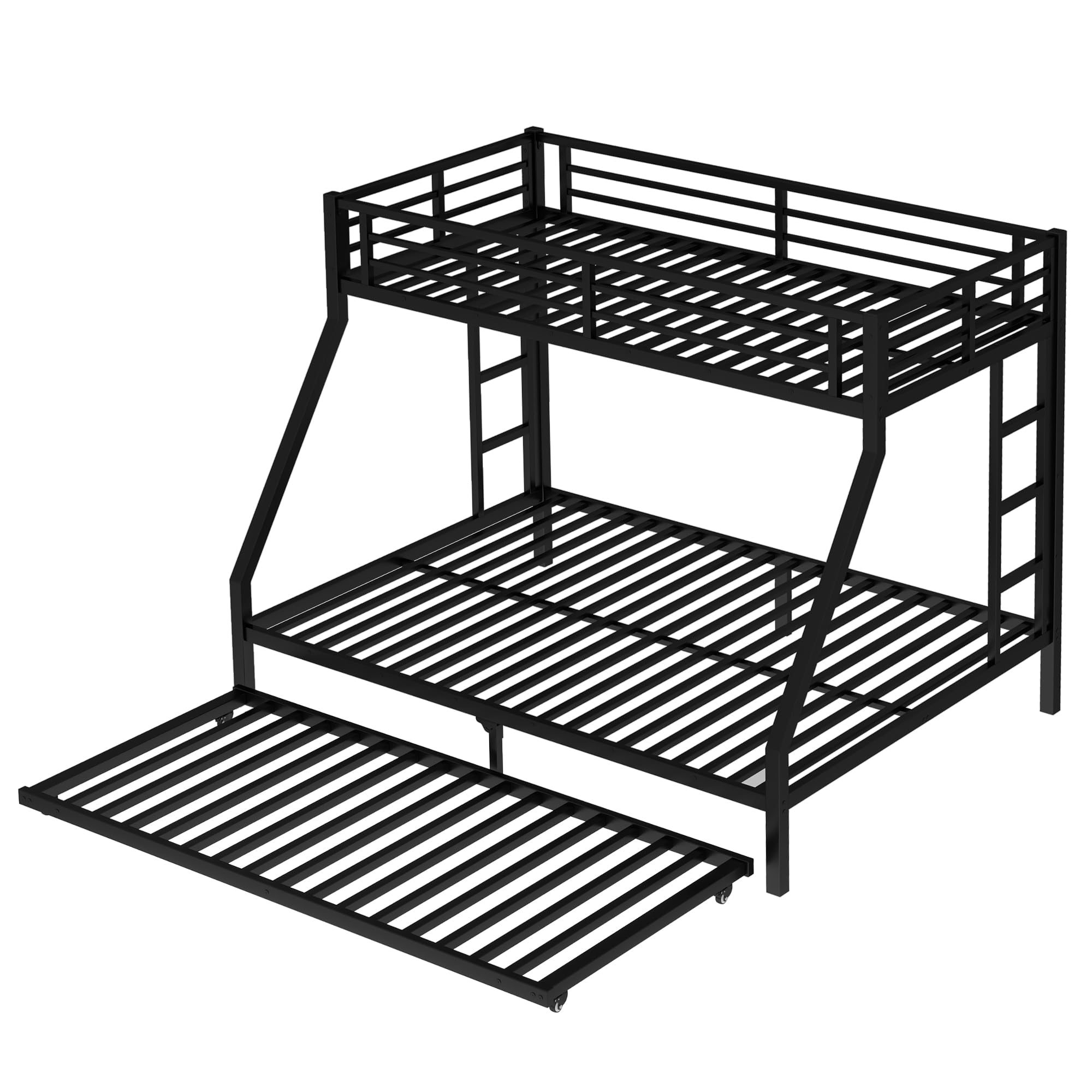Bellemave Metal Bunk Bed with Trundle, Twin XL Over Queen Bunk Trundle and Guardrail and Ladder for Kids/Teenagers, Adults, No Box Spring Needed，Black