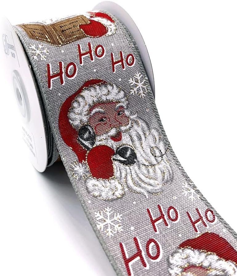 Designer’s Shop Christmas Ho ! Ho ! Ho ! Hello Santa on Burlap Wired Edge Ribbon WR 63-5176 2.5” x 10 Yard for DIY Crafting, Home Décor