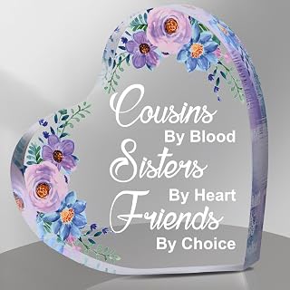 Tuanse Cousin Gifts for Women Acrylic Heart Keepsake Cousins by Blood Sisters by Heart Friends by Choice Cousin Birthday Gifts for Christmas Paperweight Appreciation Gifts(Purple Flowers)