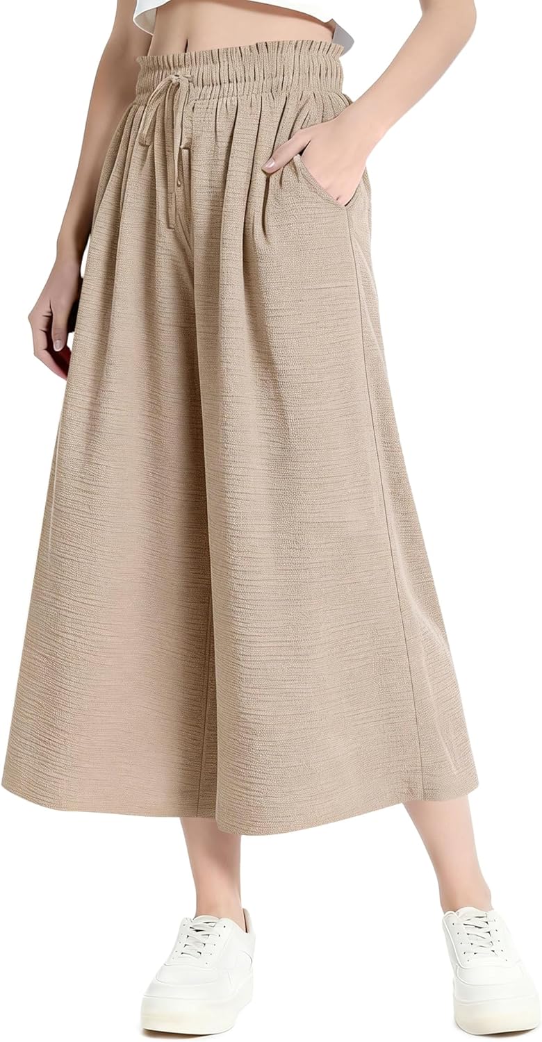 Rapbin Wide Leg Capri Pants for Women Gingham Striped Culottes Flowy Elastic Waist Cropped Palazzo Pants with Pockets - Image 2