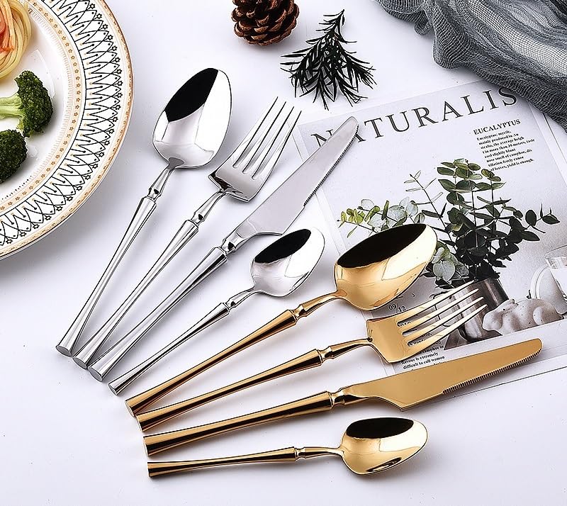 Genérico Juego de Cubiertos de 15 Piezas de Acero Inoxidable 304 con Detalles Dorados. Incluye Cuchillos, Tenedores y cucharas para Carne. Ideal para cenar y Recibir Invitados. 6 Juegos.