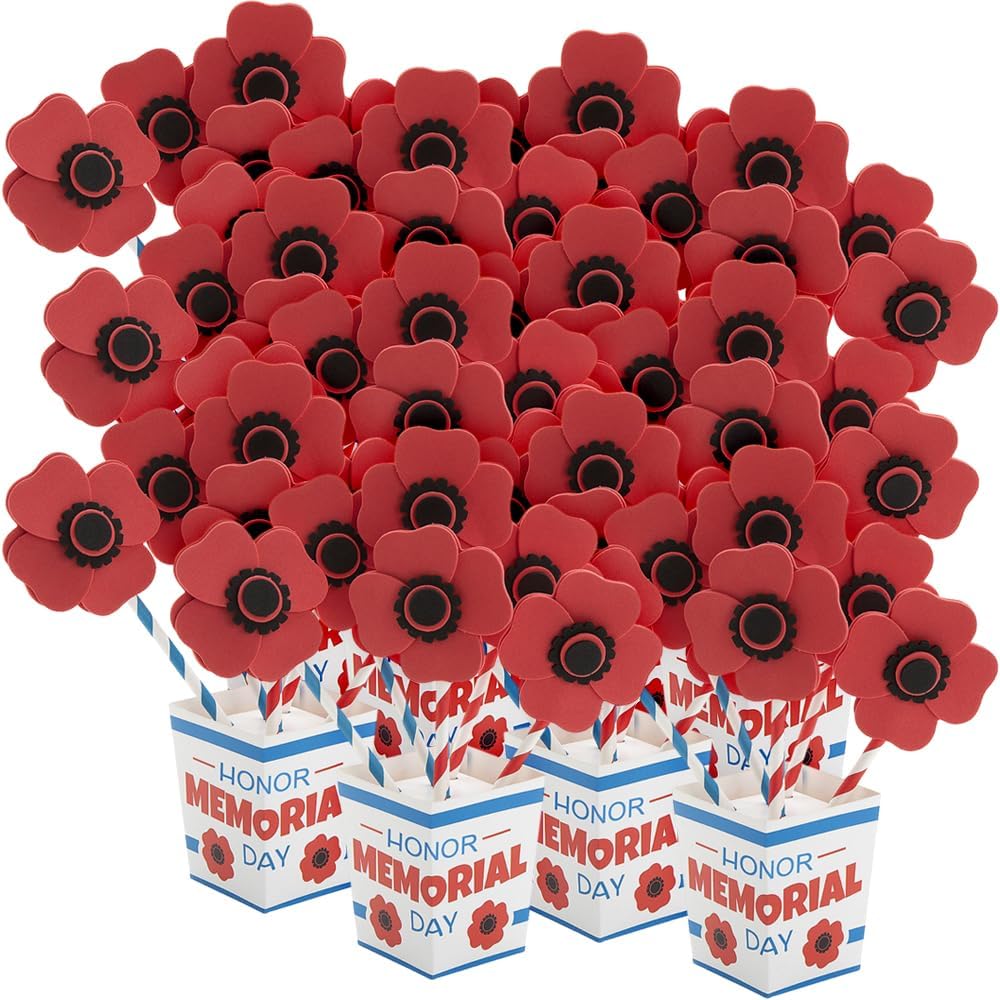 Fun Express Memorial Day Straw Poppy Bouquet Craft Kits – DIY Kit with Red White & Blue Poppy Flowers – Perfect for Patriotic Party Favors Home Decor Crafting Projects and Celebrations – 12 Pieces