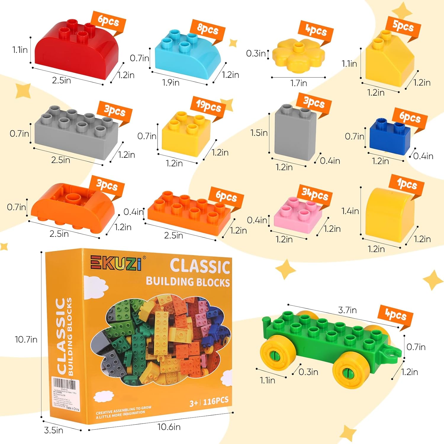 Creative Building Blocks - 116 Pieces Large-Size Blocks, Build Train Animal, Ideal STEM Toy for 3 Year Old Kids