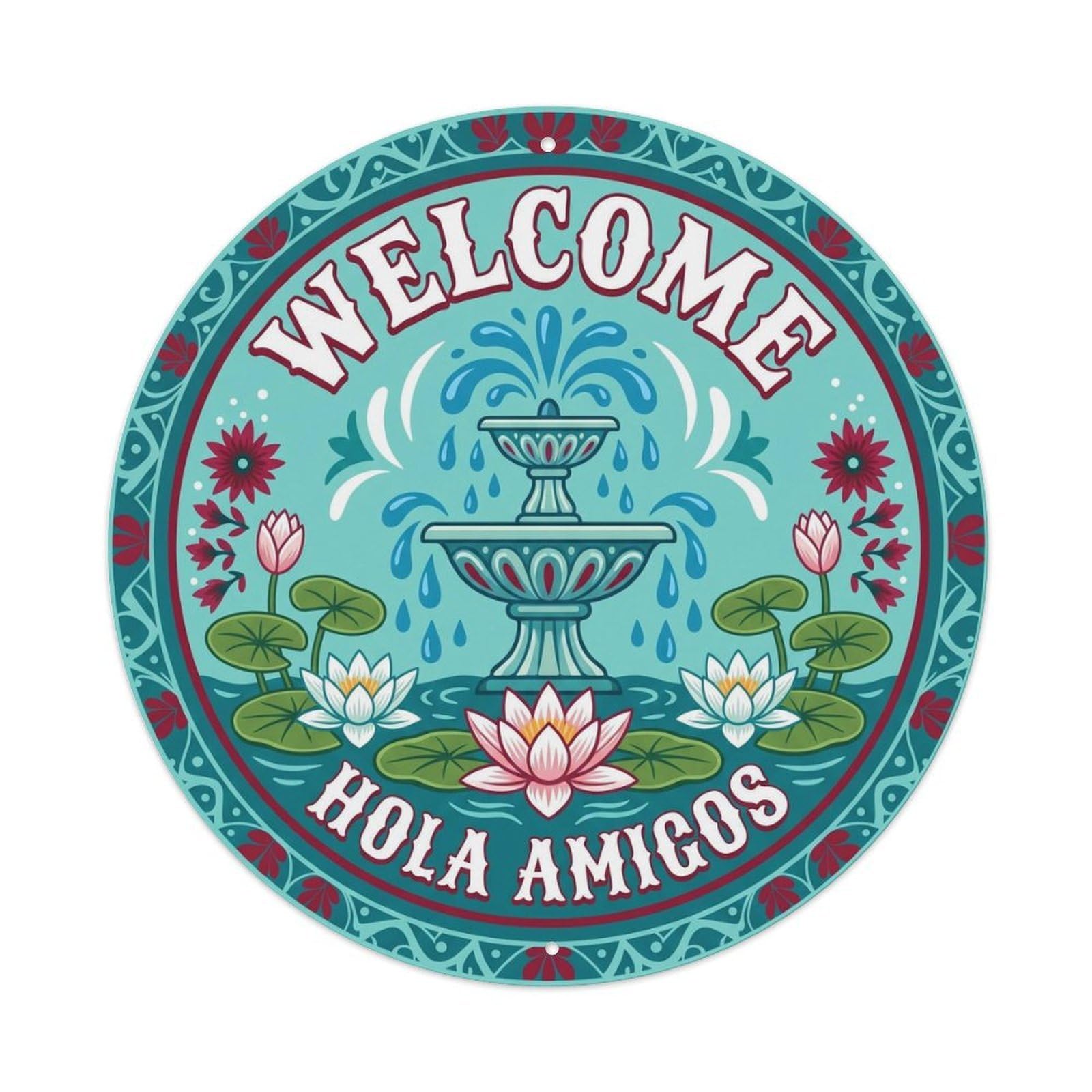 Ceramic Tile Courtyard Spanish Greeting Hola Amigos Metal Tin Sign