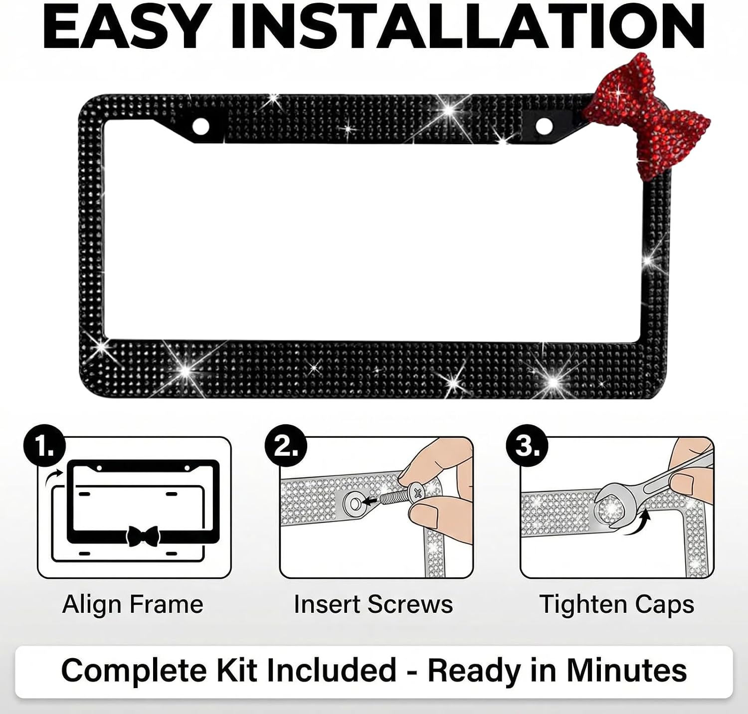 Wanheart License Plate Frame for Women, Rhinestone License Plate Frame with Bow, Sparkly Car Tag Frame, Cute Girly Car Accessories Gift (1, Black Frame + Red Bow)