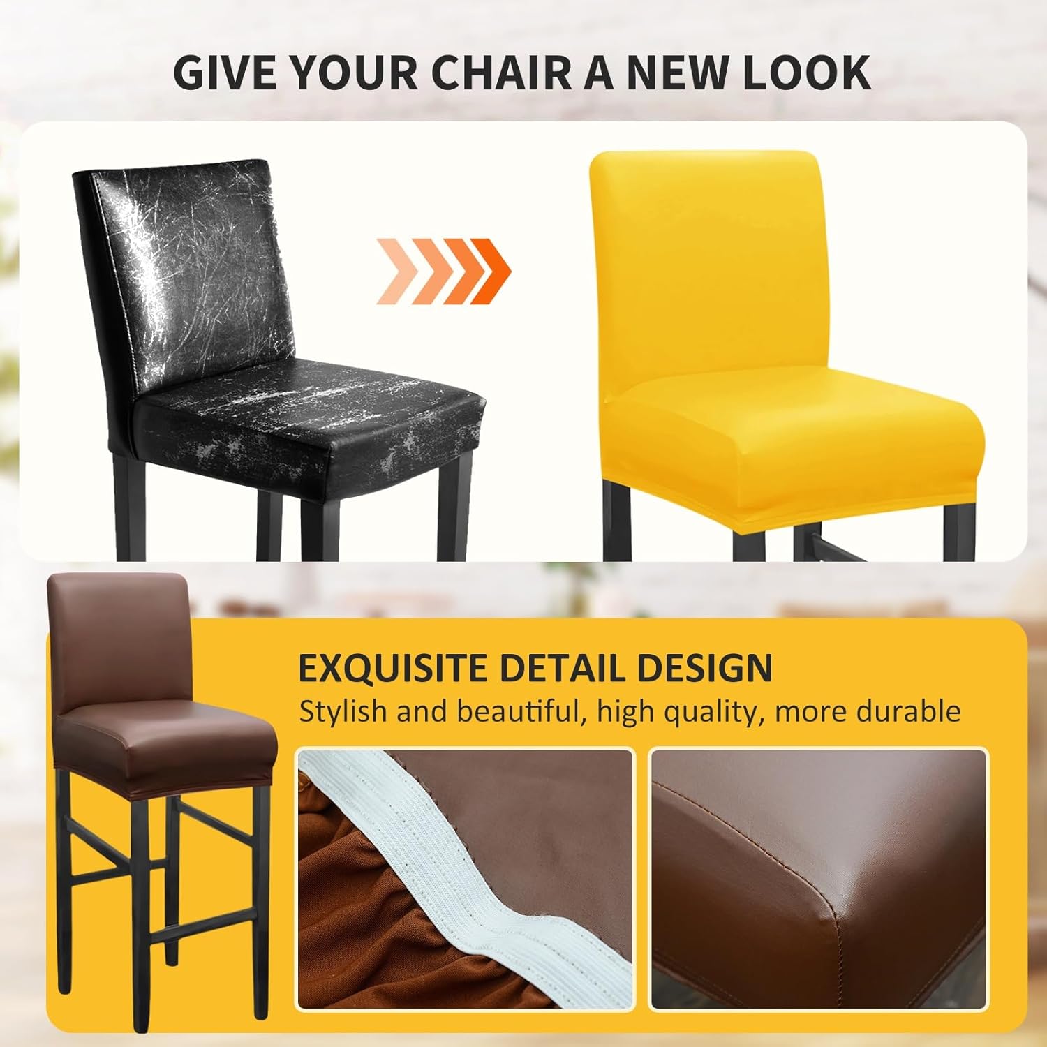 Stretch Bar Stool Chair Cover with Backs, PU Leather Bar Stool Covers Slipcovers, Waterproof Bar Stool Chair Covers, Counter Stool Pub Chair Slipcover for Dining Room Cafe Barstool Slipcover(Gris,Set