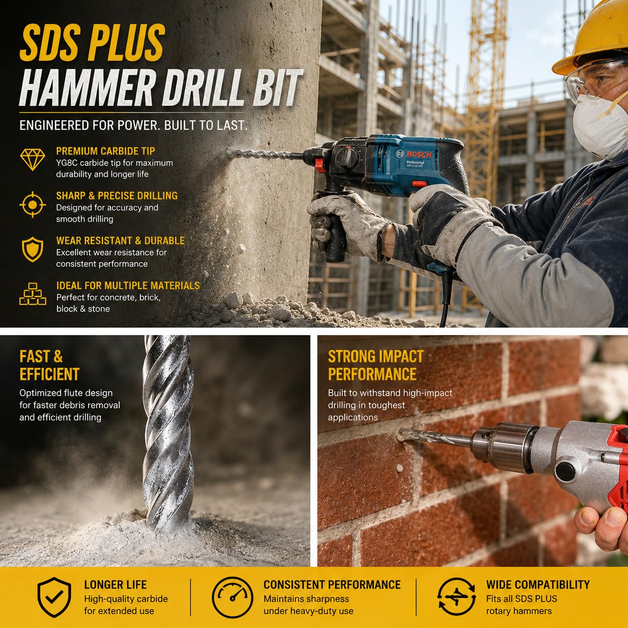 SDS Plus Rotary Hammer Drill Bit 10Pcs 5/32 in. x 8 in. Masonry Concrete Rock Drill Bit Tool Set