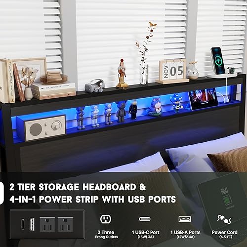 Miniatura 5 de Base de cama de tamaño matrimonial con almacenamiento, plataforma de cama de madera LED con cabecero, 4 cajones, estación de carga, no necesita
