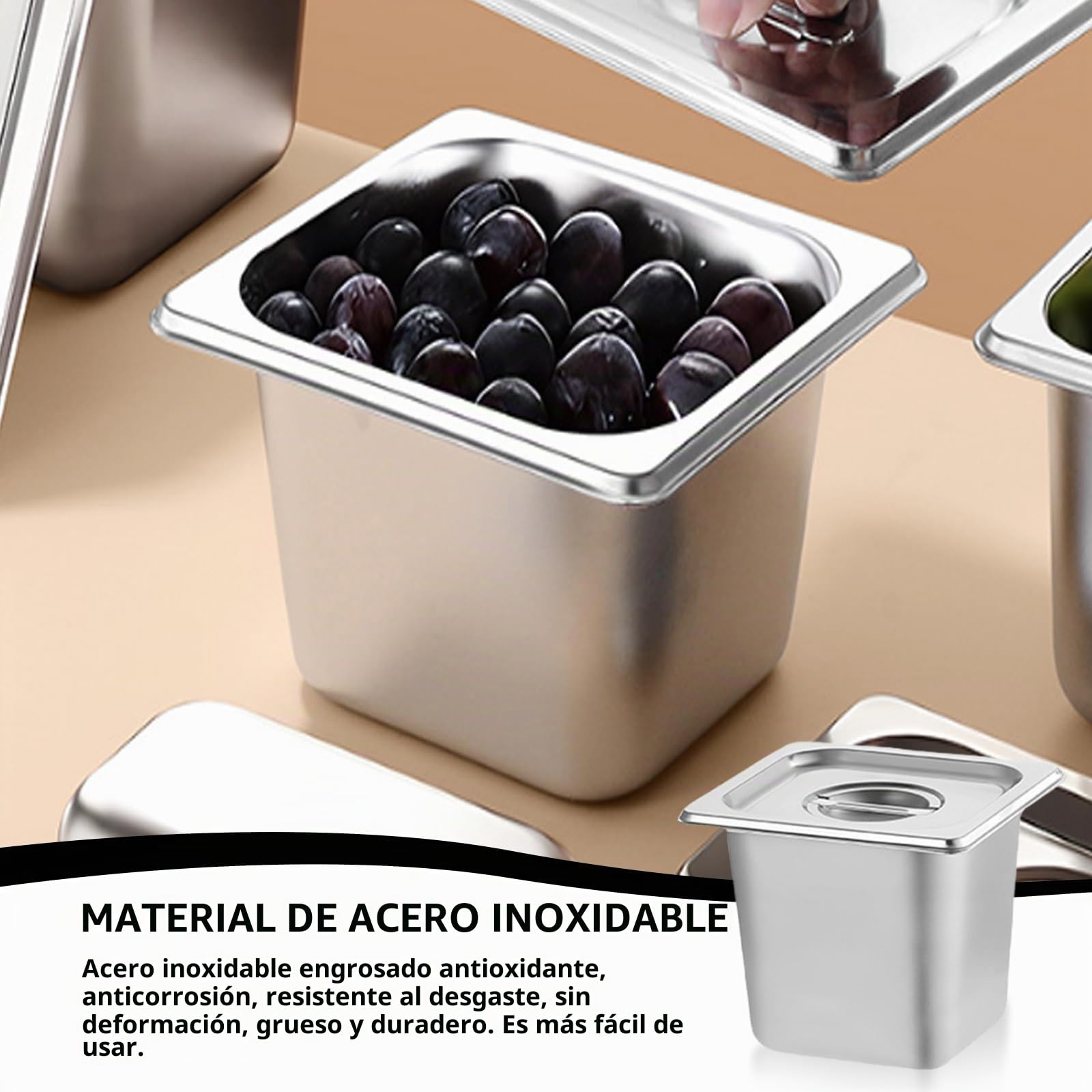 GOMETY 3 recipientes de acero inoxidable 1/6 con tapa, 17,6 x 16,2 x 10 cm de profundidad, sartenes para hotel, 100 mm de altura, recipientes apilables, recipientes para alimentos y alimentos