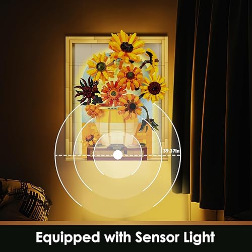 Miniatura 2 de JMBricklayer Juegos de construcción de flores de girasol para adultos con luces 70004, ideas de manualidades de pared de Van Gogh, marco de pintura