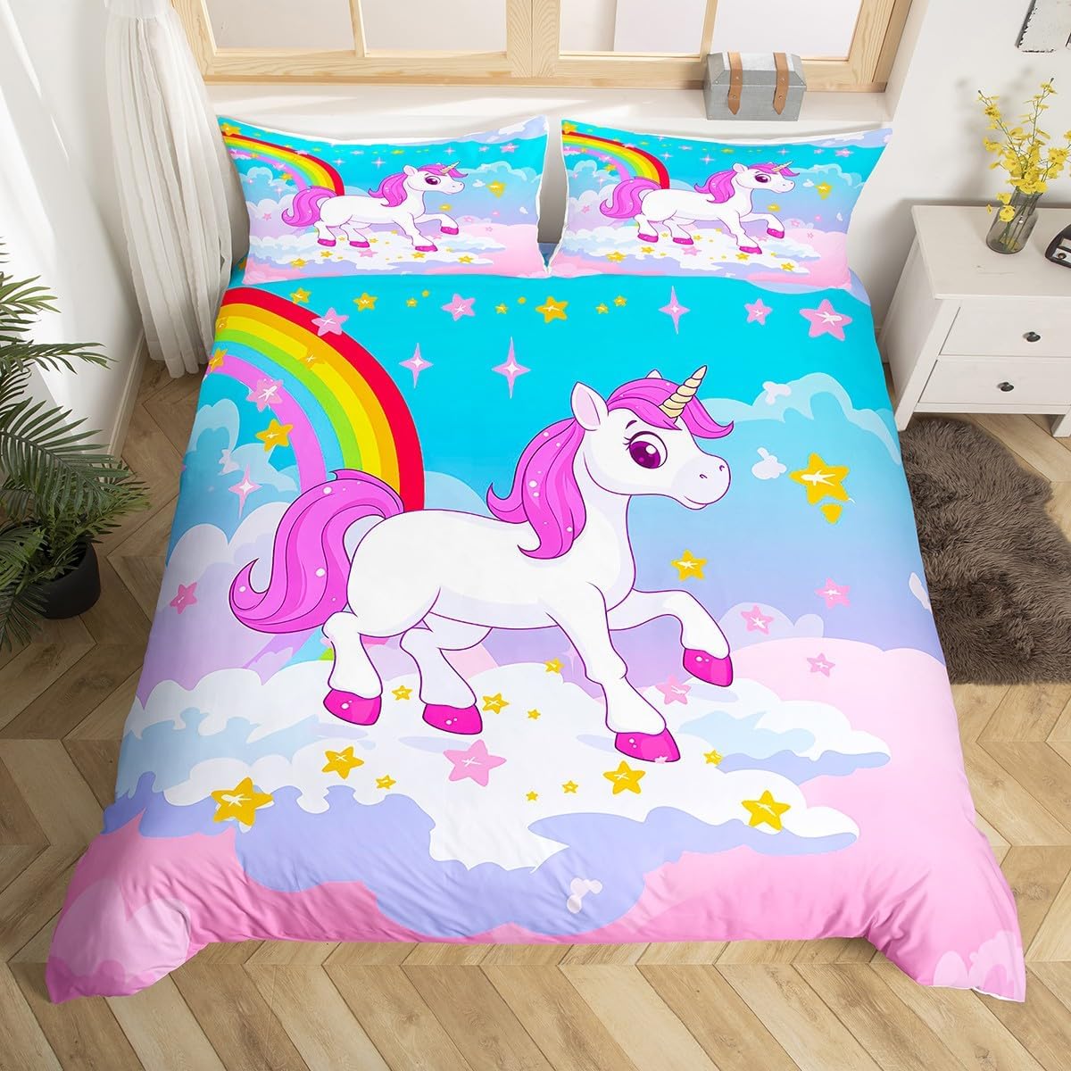 jejeloiu Kids Girls Cute Unicorn Duvet Cover Toddler Size Rainbow Cloud Star Print Bedding Set Ultra Soft Unicorn Glitter Comforter Cover Set Dreamy Horse Printed Bedspread Cover,No Comforter