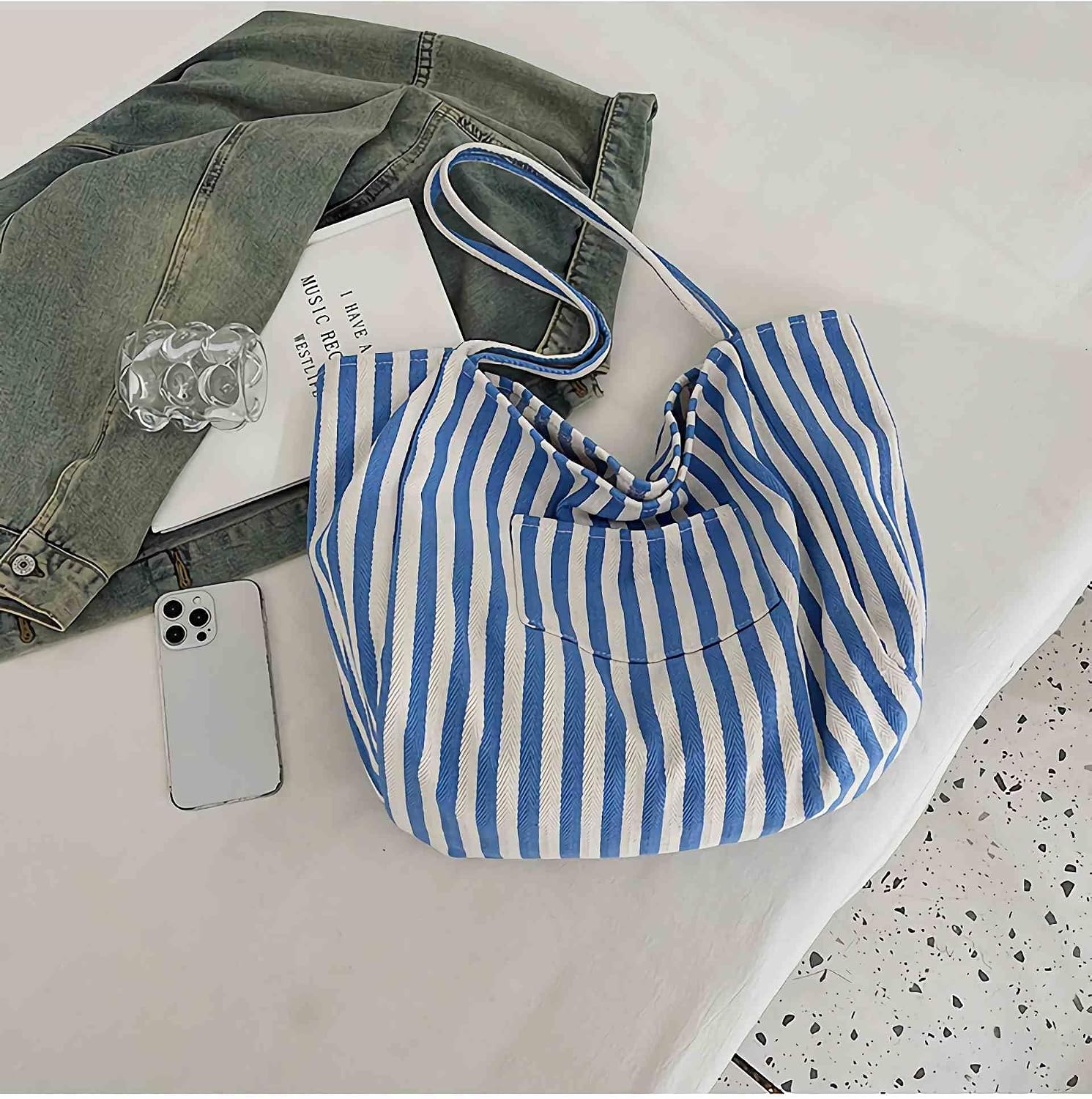 canvas tote bag for women, beach striped medium size shoulder bag with pocket, college everyday casual tote bag for work