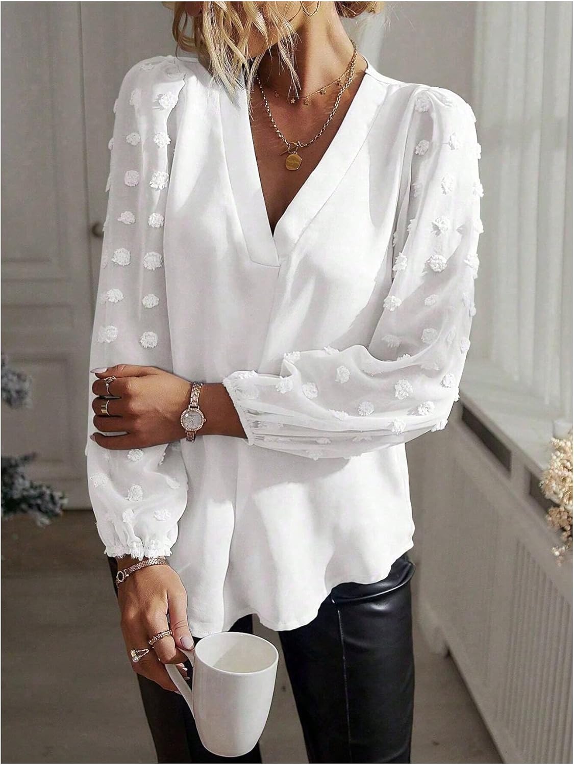 SweatyRocks Women's Plus Size V Neck Blouses Swiss Dots Bishop Sleeve Dressy Casual Flowy Top Tunic Shirts - Image 5