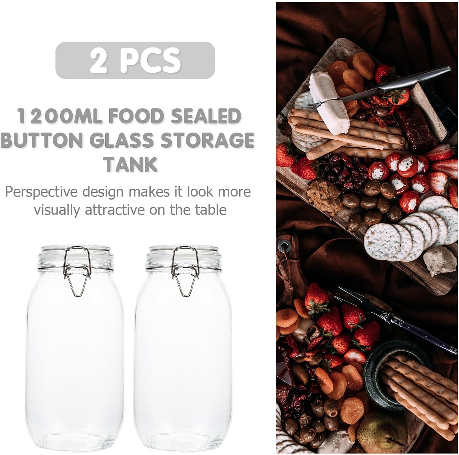 Large Capacity Button Type Food Sealing Glass Jars 2000ml Kitchen Storage Containers Set of 2 Oval Food Storage Canisters for Pantry and Meal Prep