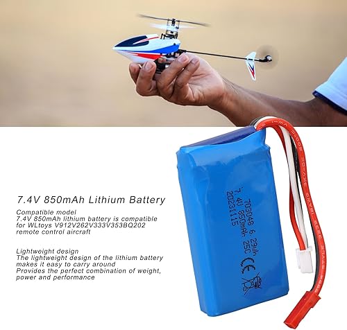 Miniatura 5 de Batería de repuesto de avión RC, batería de helicóptero RC 7.4V 850mAh RC para WLtoys V912V262V333V353BQ202 con enchufe rojo JST