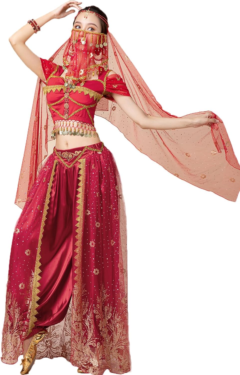 ORIDOOR Women's New Aladdin Jasmine Princess Belly Dance Halloween Costume Set Belly Dance for Dress Up Party 5 Piece Outfit - Image 2