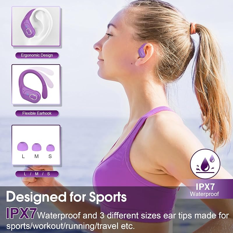 Wireless Earbuds 75H Bluetooth 5.4 Sport Headphones with Earhooks, Purple image 5