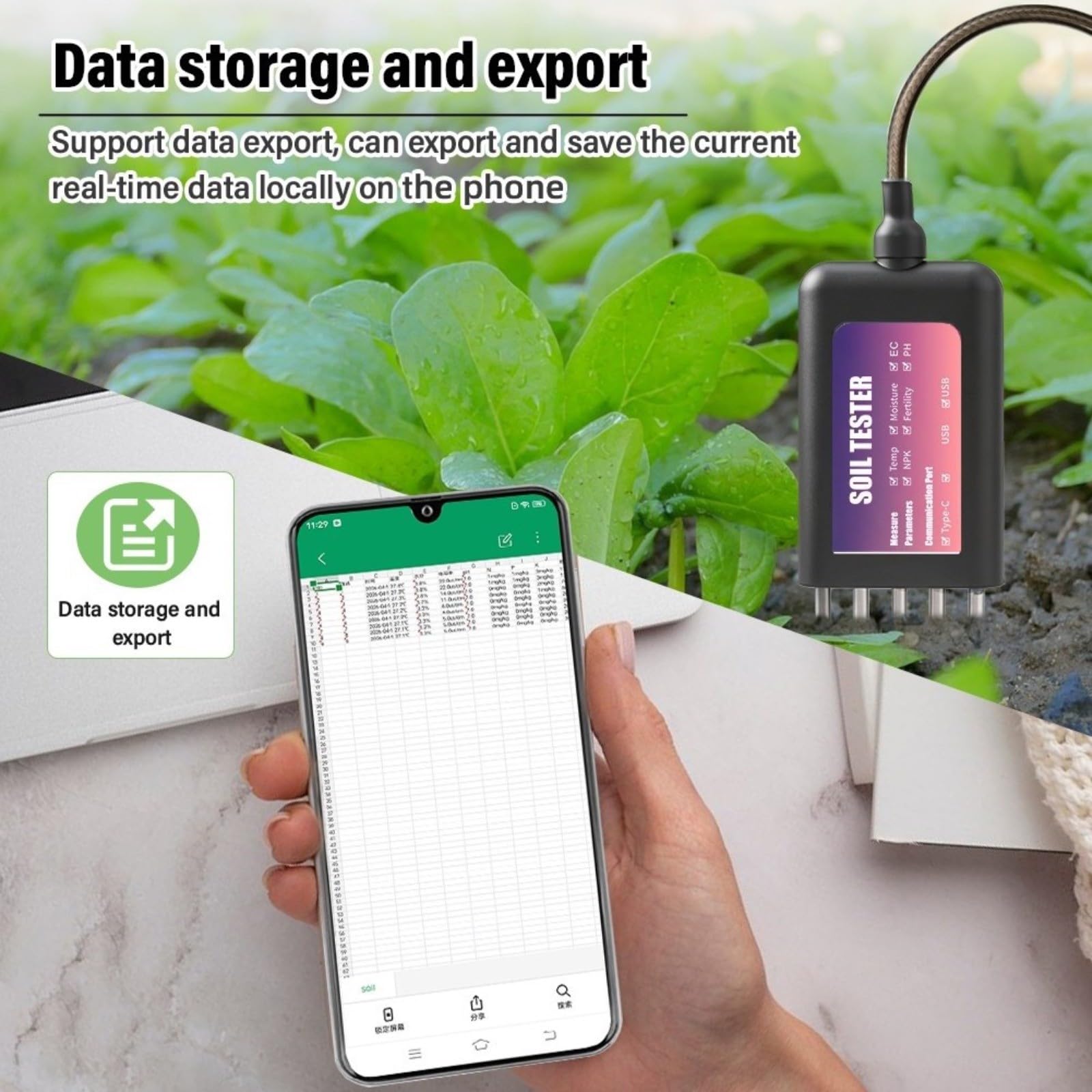 1 paquete para probador inteligente de suelo NPK medidor de temperatura de humedad pH para monitoreo de granja de jardín datos en tiempo real IP68 impermeable negro