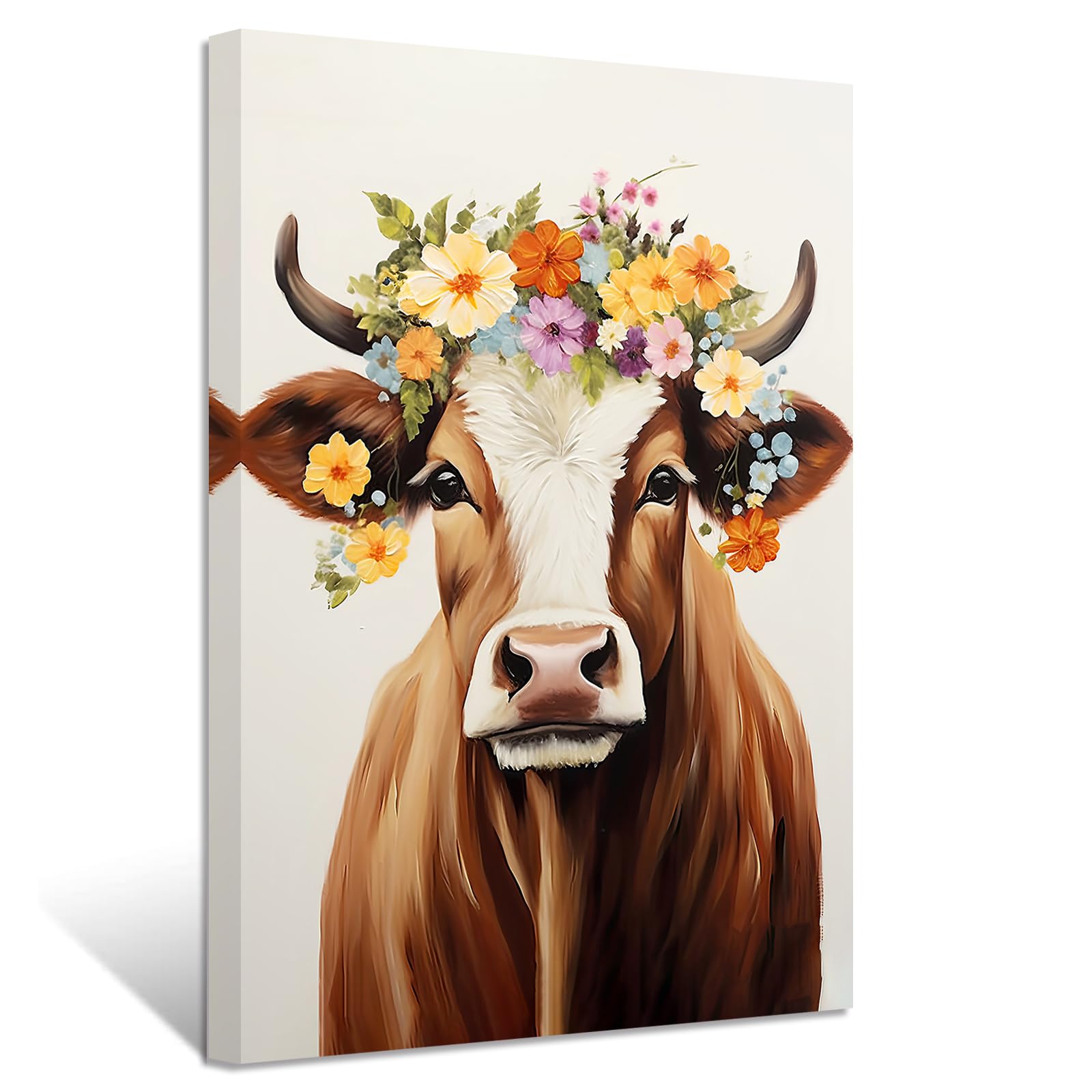 ZXHYWYM Kuh Leinwandbilder braune Kuh mit Blumenbild niedliche Tiergemälde Drucke Vintage Kunstwerk rustikale Bauernhaus Wanddekoration Gerahmt (Bild-1, (50.00 x 75.00 cms))