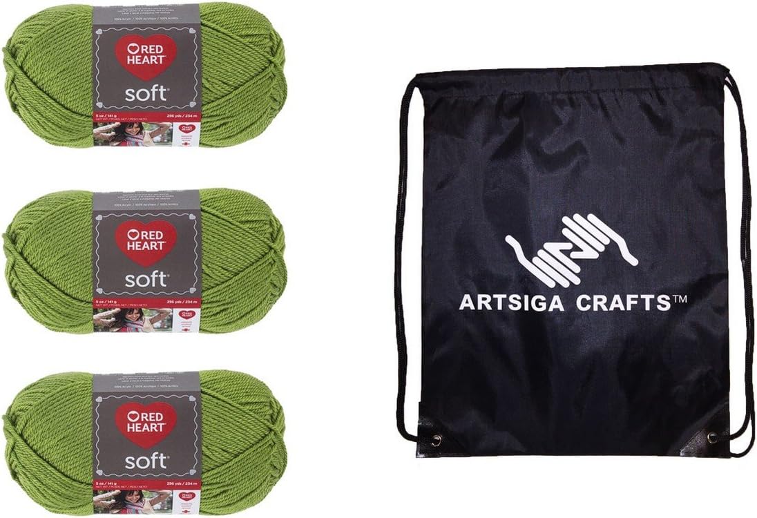 Red Heart Soft Guacamole E728-4420 (3-Skeins - Same Dye Lot) Worsted Medium #4 Acrylic Yarn for Crocheting and Knitting - Bundle with 1 Artsiga Crafts Project Bag