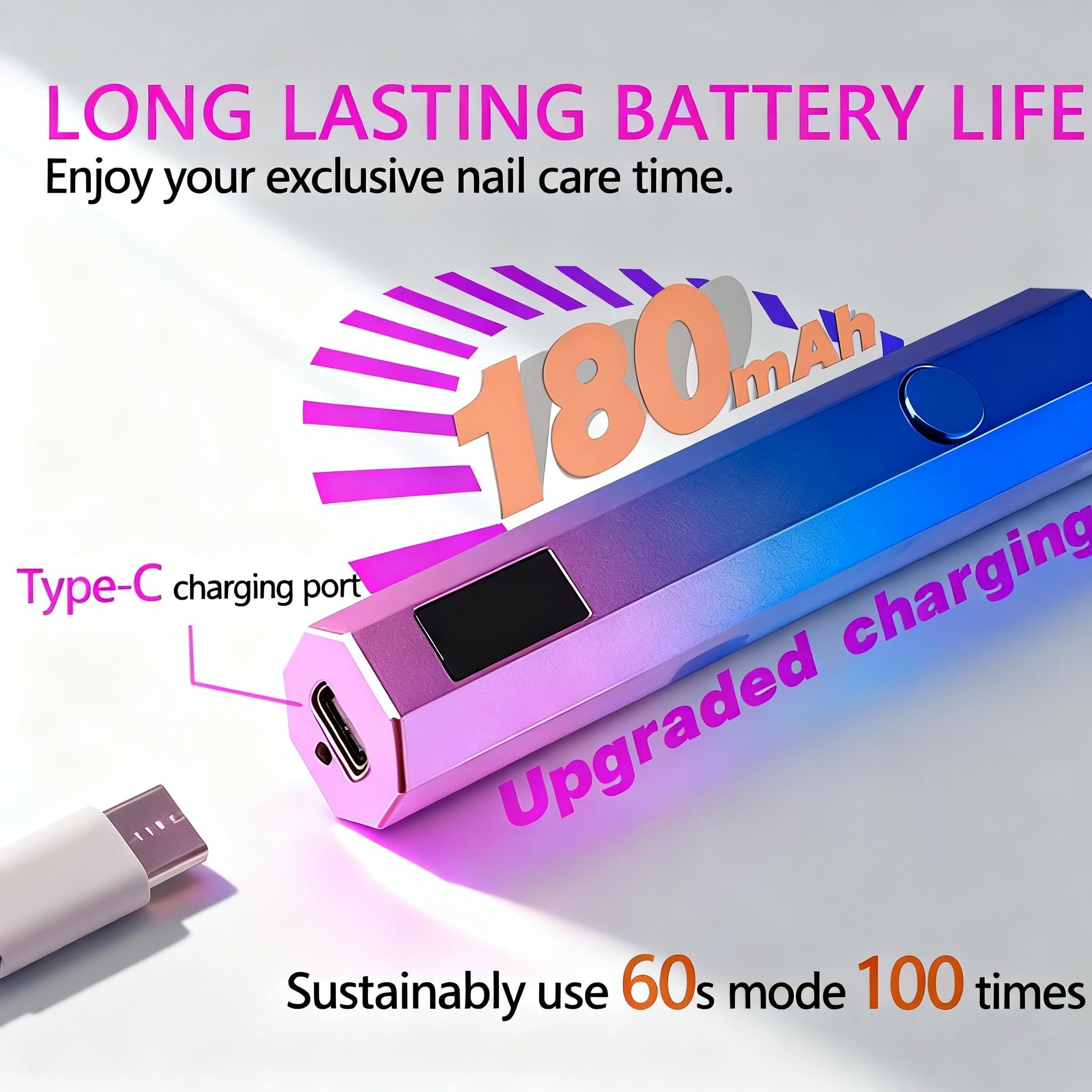 Kylara Luz UV de mano para uñas de gel, mini lámpara de uñas UV recargable con pantalla LED, secador de uñas portátil de gel X temporizador de 20 s/60 segundos, modo USB de cuidado de los ojos, secado