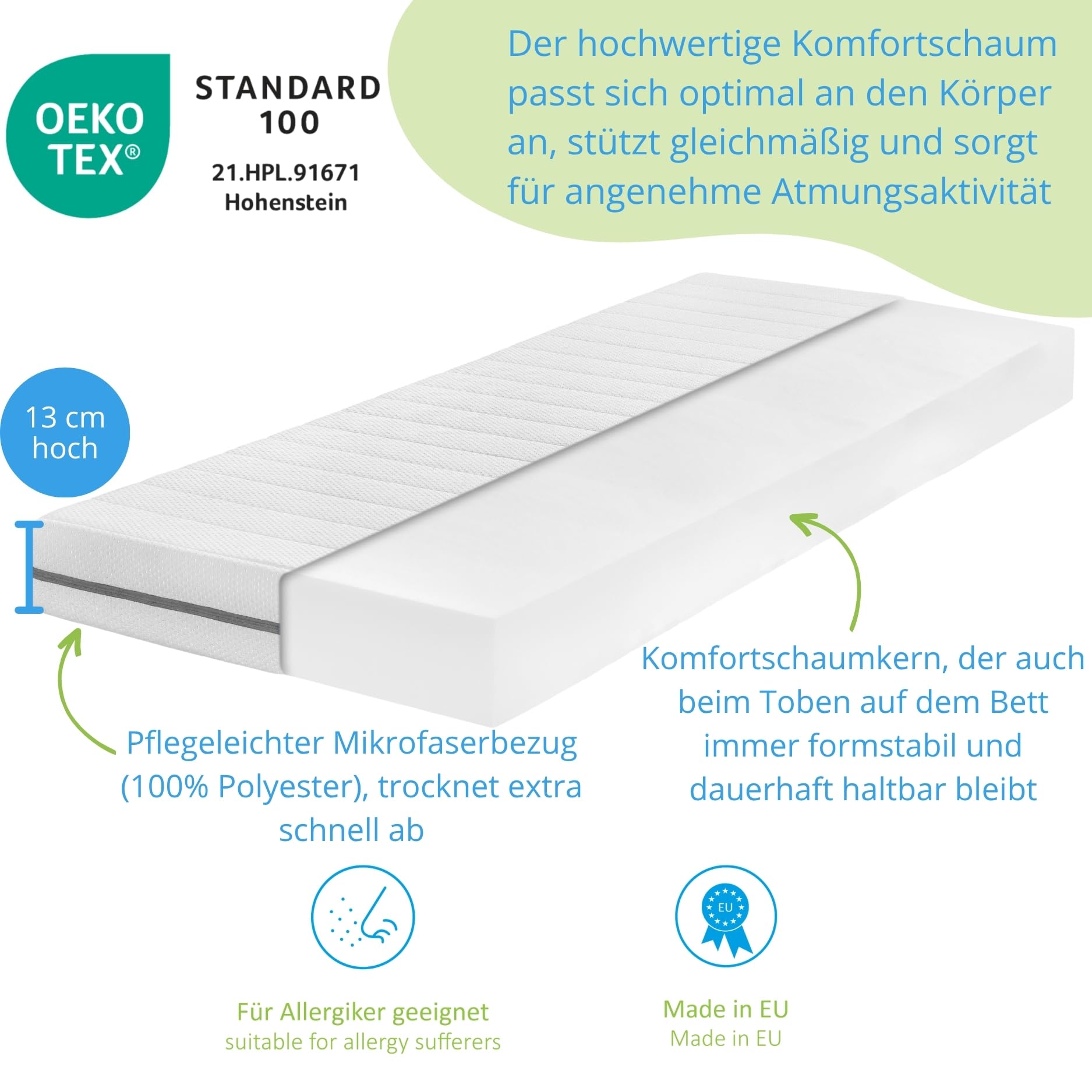 Bodyprotect Kindermatratze 90x200 cm, Komfortschaum Matratze Junior Dream | 90 x 200cm, Made in EU, OEKO-TEX 100, Höhe ca. 13 cm, Bezug waschbar bis 60 Grad