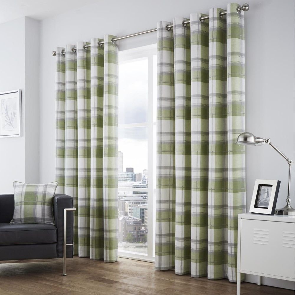 Fusion - Balmoral Check - 100 Percent Cotton Pair of Eyelet Curtains in Green, 46" Width x 54" Drop (117 x 137 cm)