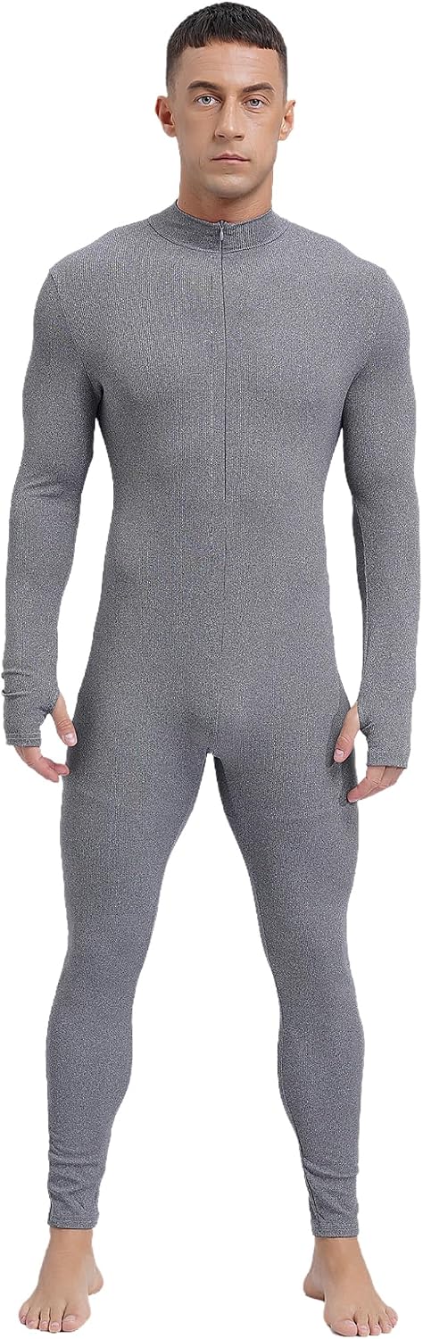 Mens Long Sleeves Bodysuit Long Sleeve Unitard Front Zipper Leotard Jumpsuits Costume