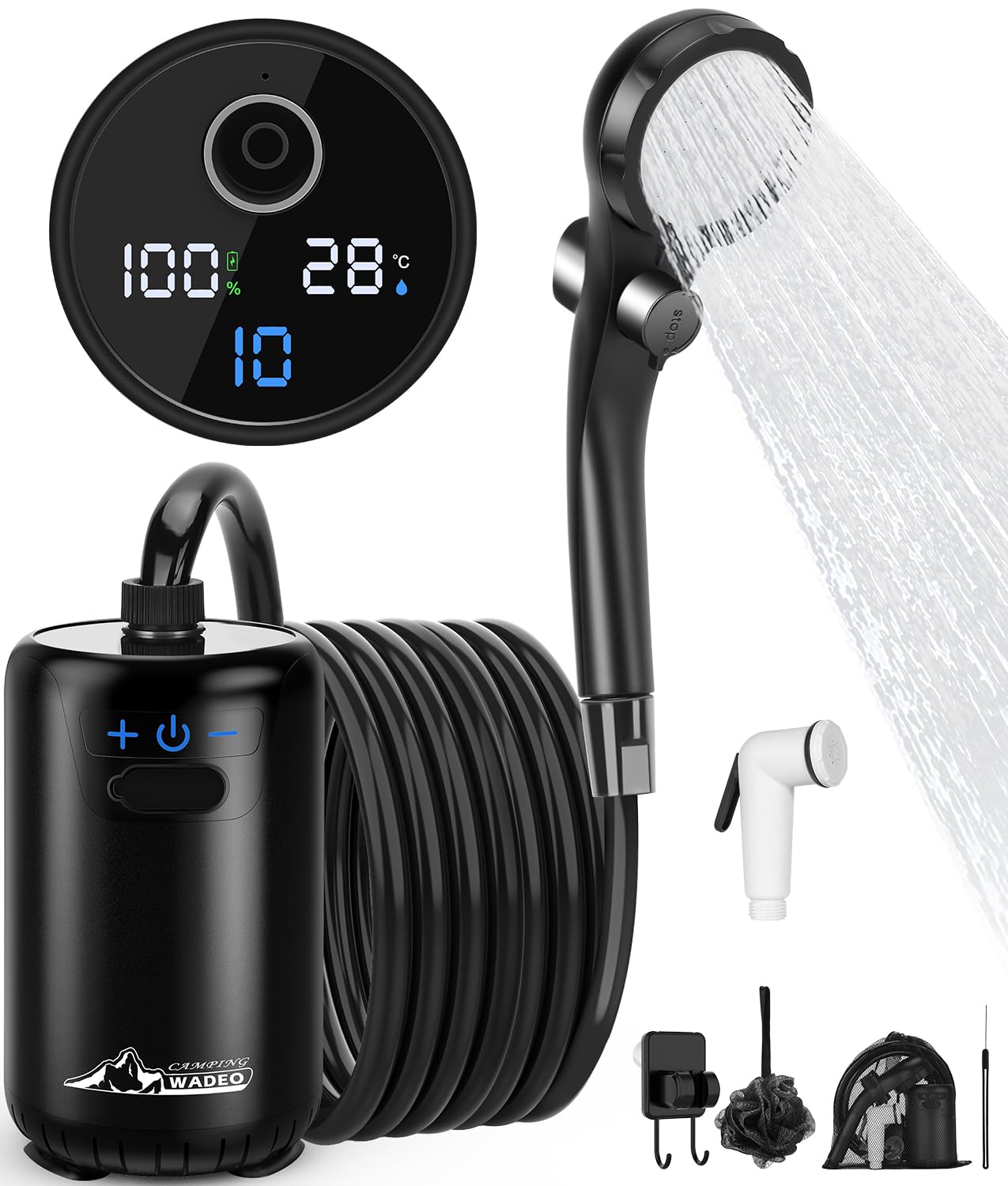 WADEO verbesserte Campingdusche Akku mit Pumpe, 10 Gänge Schaltung, 6000-mAh-Akku für 3 Stunden Laufzeit, mit doppelter Digitalanzeige, Mobile Duschen Outdoor für Camping Reisen Garten (Schwarz)
