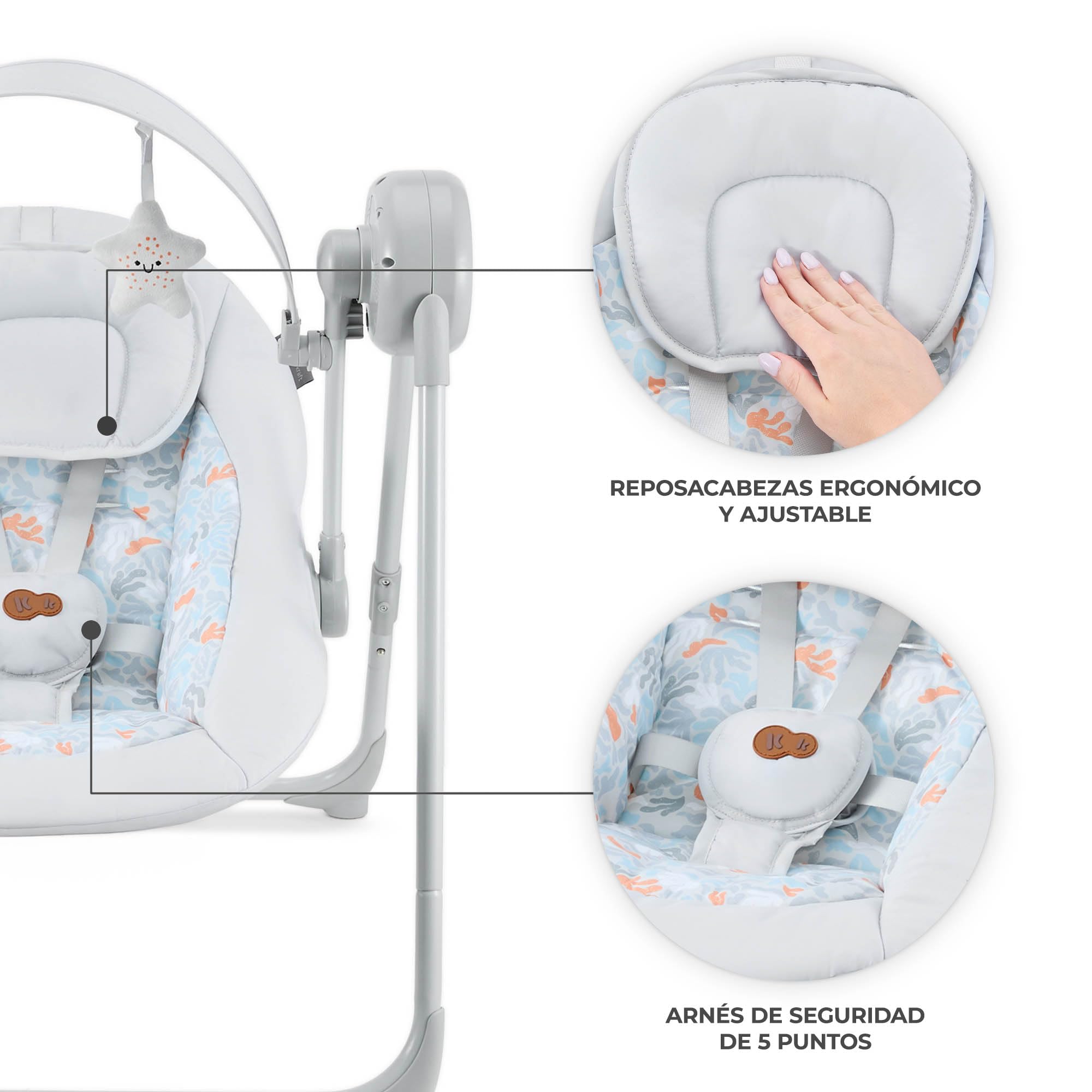Kinderkraft SWINGEE - Balancín eléctrico para bebé con función oscilante, temporizador integrado, respaldo ajustable, 8 melodías de tranquilidad integradas, ligero y plegable, color gris
