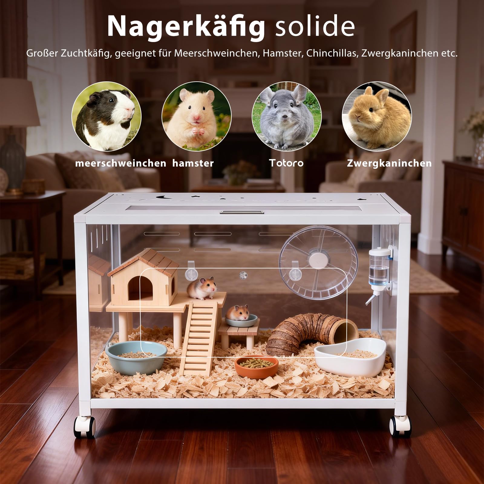 Groß Hamsterkäfig aus Metall 80x50x55cm Nagerkäfig mit Rädern, Stabil, Weiß | Kleintier Gehege für Kaninchen Goldhamster, Abnehmbarer Meerschweinchen, Durchsichtiger, Leicht zu Reinigen