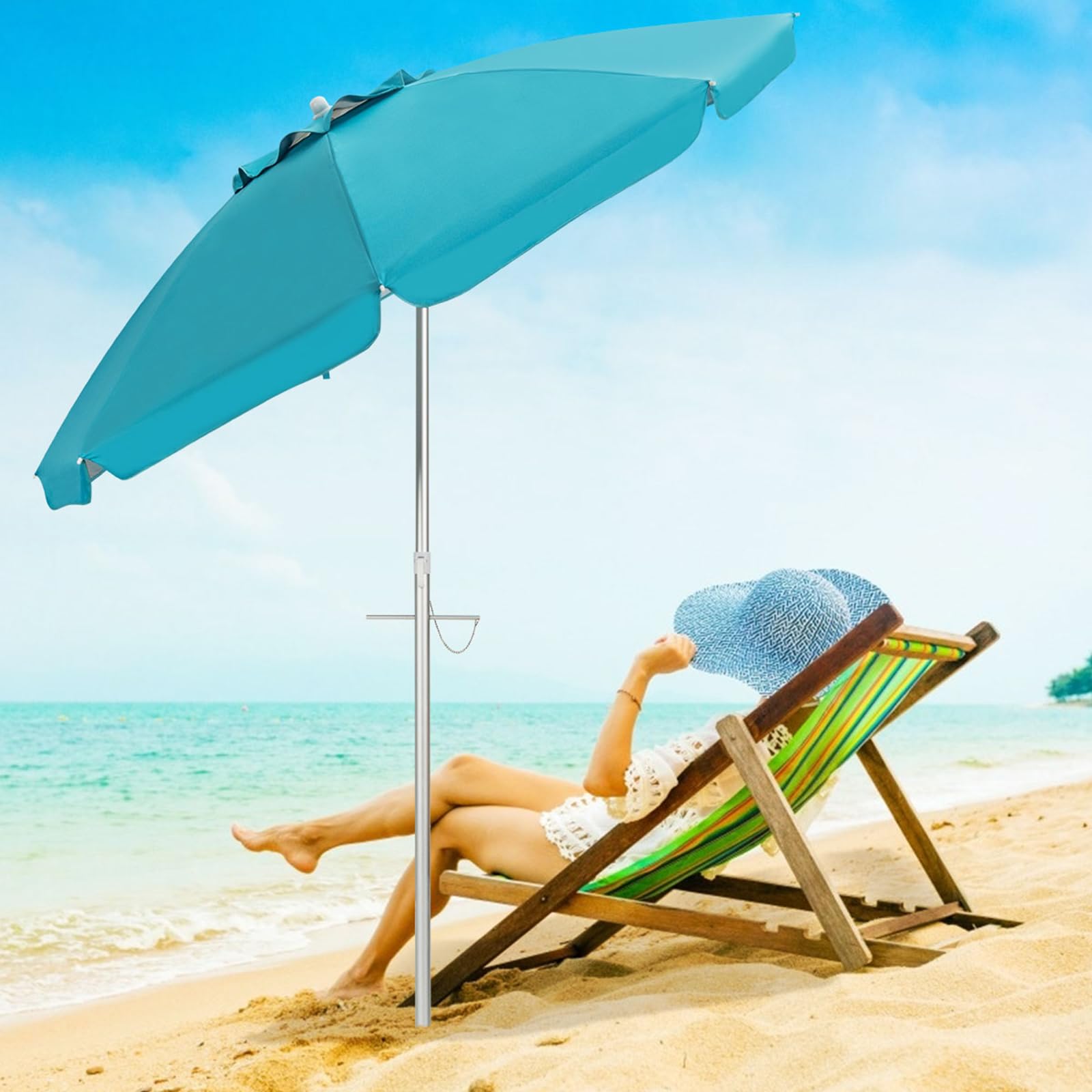 COSTWAY Ombrellone da Spiaggia 198 cm, Parasole Esterno con Palo Inclinabile in Alluminio, Anti UV 50+, 8 Stecche, Blu