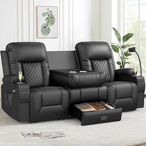 Loveseat Recliner Sofa, 3 Seater Dual Reclining Sofa with Flip Back Console, Modern PU Leather Loveseat Couch for Living Room/RV, with Storage, USB Ports, Cup Holder, Cell Phone Holder, Black