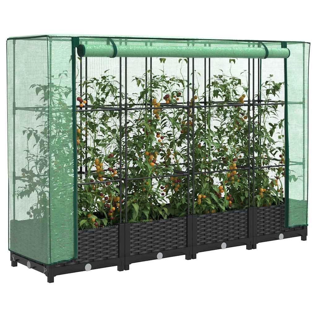 Letto Rialzato con Copertura Serra Effetto Rattan 160x40x123 cm Nero Verde per Piante e Orto Domestico, Struttura Robustissima in Ferro e Polipropilene con Telo