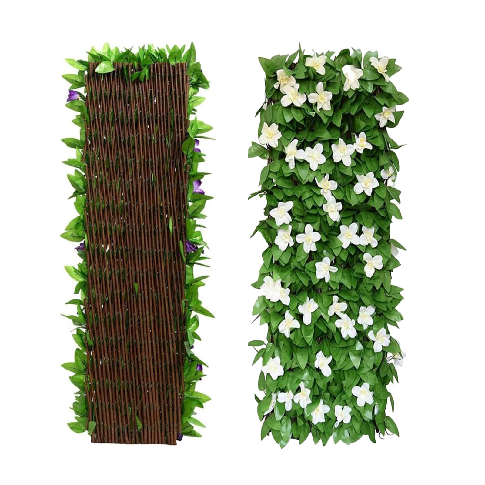 Expanding Garden Trellis Panels, 200x40cm Expandable Garden Fence Screening with Artificial Ivy and Violet Flower,Decorative Faux Ivy Leaf Privacy Screen Greenery Backdrop for Backyard (White, 1 PCS)
