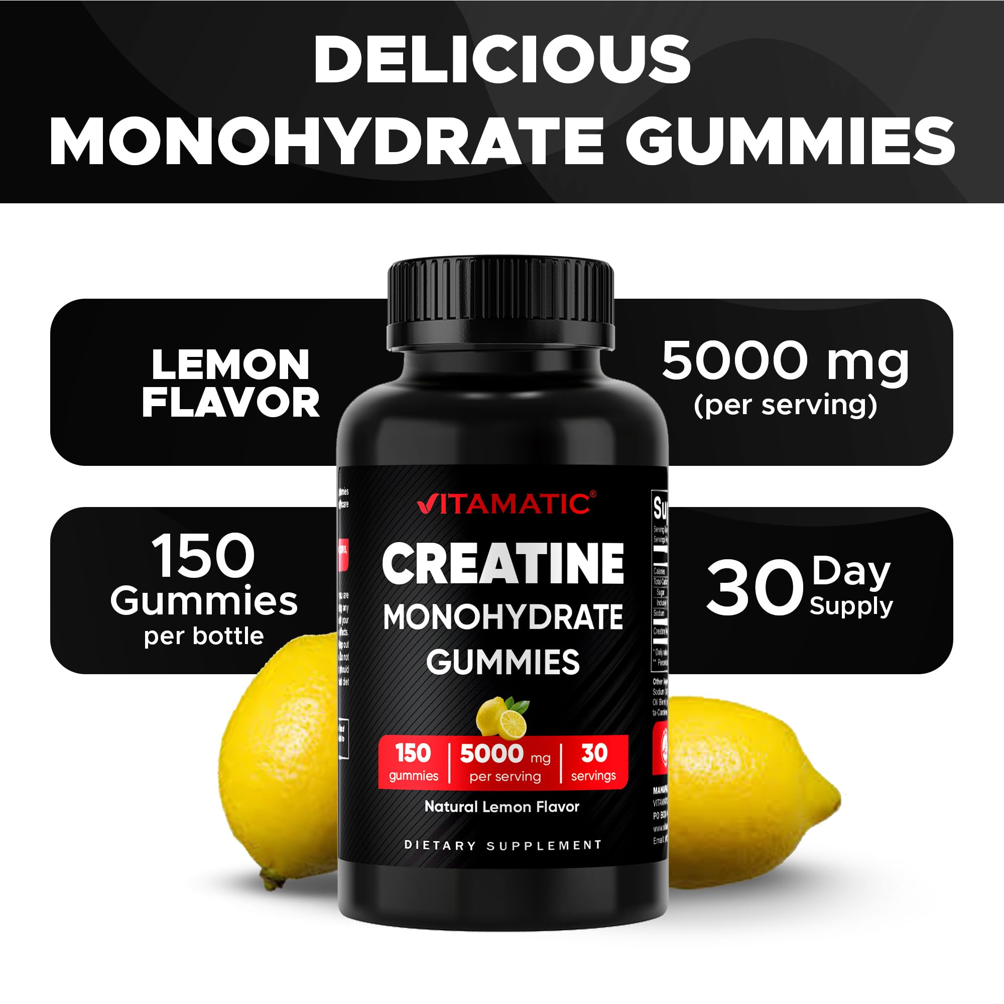Vitamatic Creatine Gummies 5000mg per Serving Natural Lemon Flavor – 150 Gummies – Creatine Monohydrate for Muscle Strength, Energy & Recovery – Non-GMO, Gluten-Free — Amazon image 5