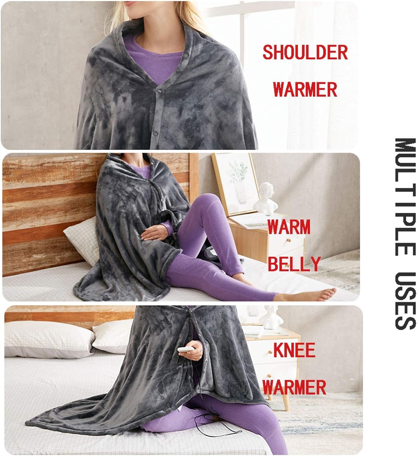 BXT USB Heated Throw Blanket Shawl Wrap Winter Plush Flannel Blanket Wearable Heated Blanket Poncho Portable Heating Blanket Throw Fast Heating with 3 Heating Level for Car Office Home Trave