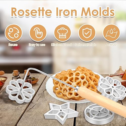 Miniatura 5 de 6 moldes para bunuelos con mango de madera, molde de aluminio para hacer galletas, juego de hierro de timbal desmontable Bunuelos rosetón, círculo