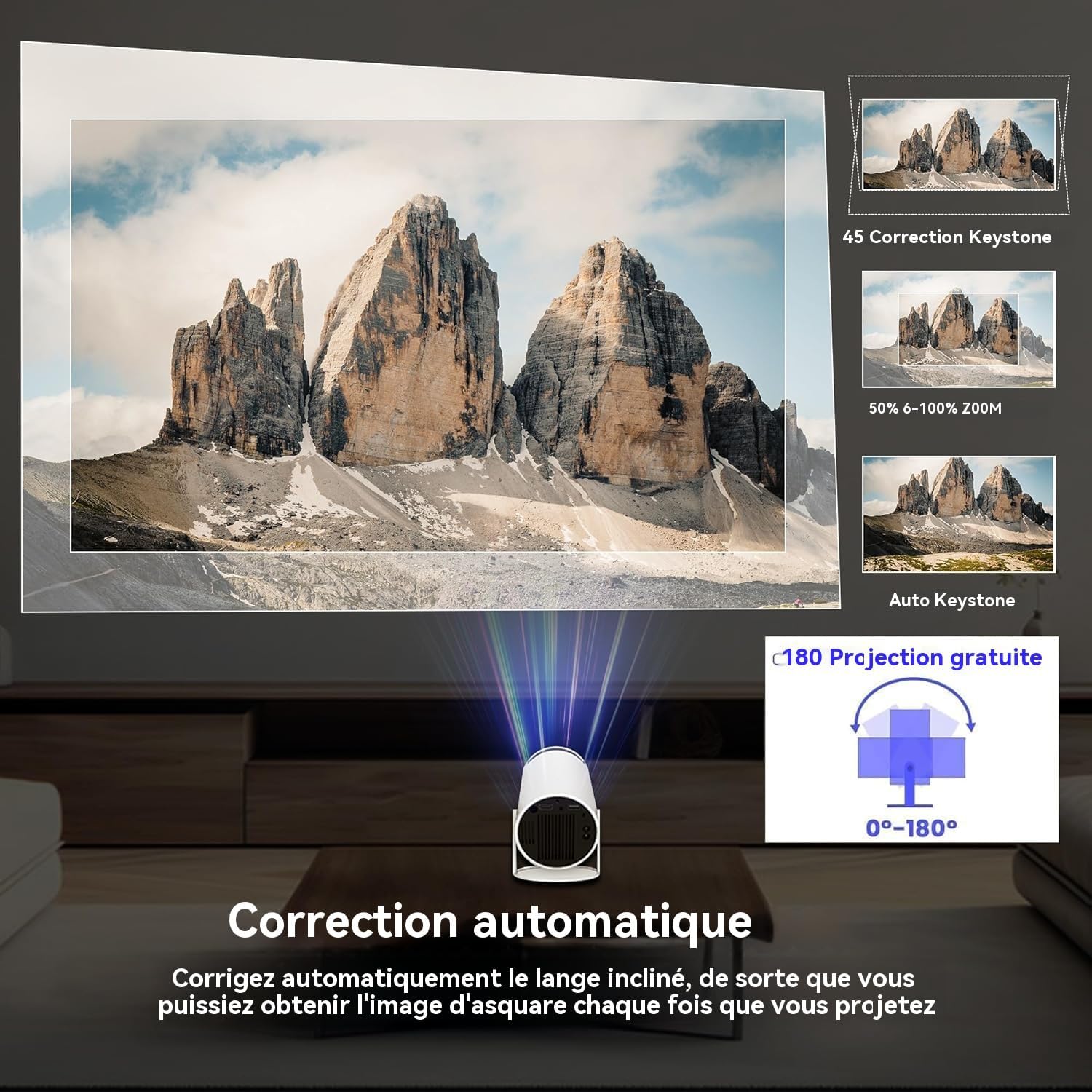 Vidéoprojecteur Portable WiFi/Bluetooth, Projecteur 4K Compatible 1080P Natif 180° Rotation Keystone Auto pour Home Cinéma Extérieur