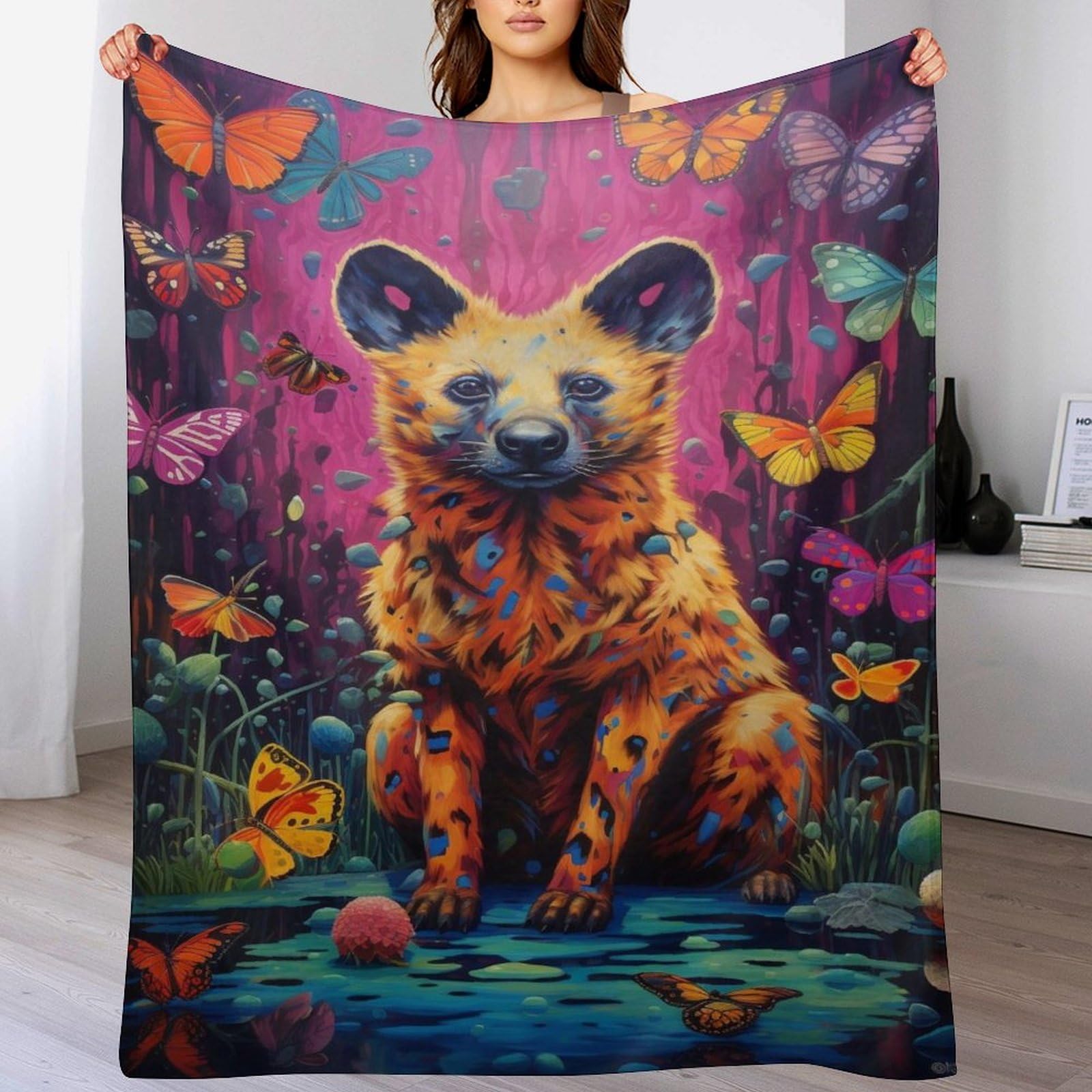 Plaid couverture de hyène pour balcon et voyages, jeté de canapé cozy 130x180cm
