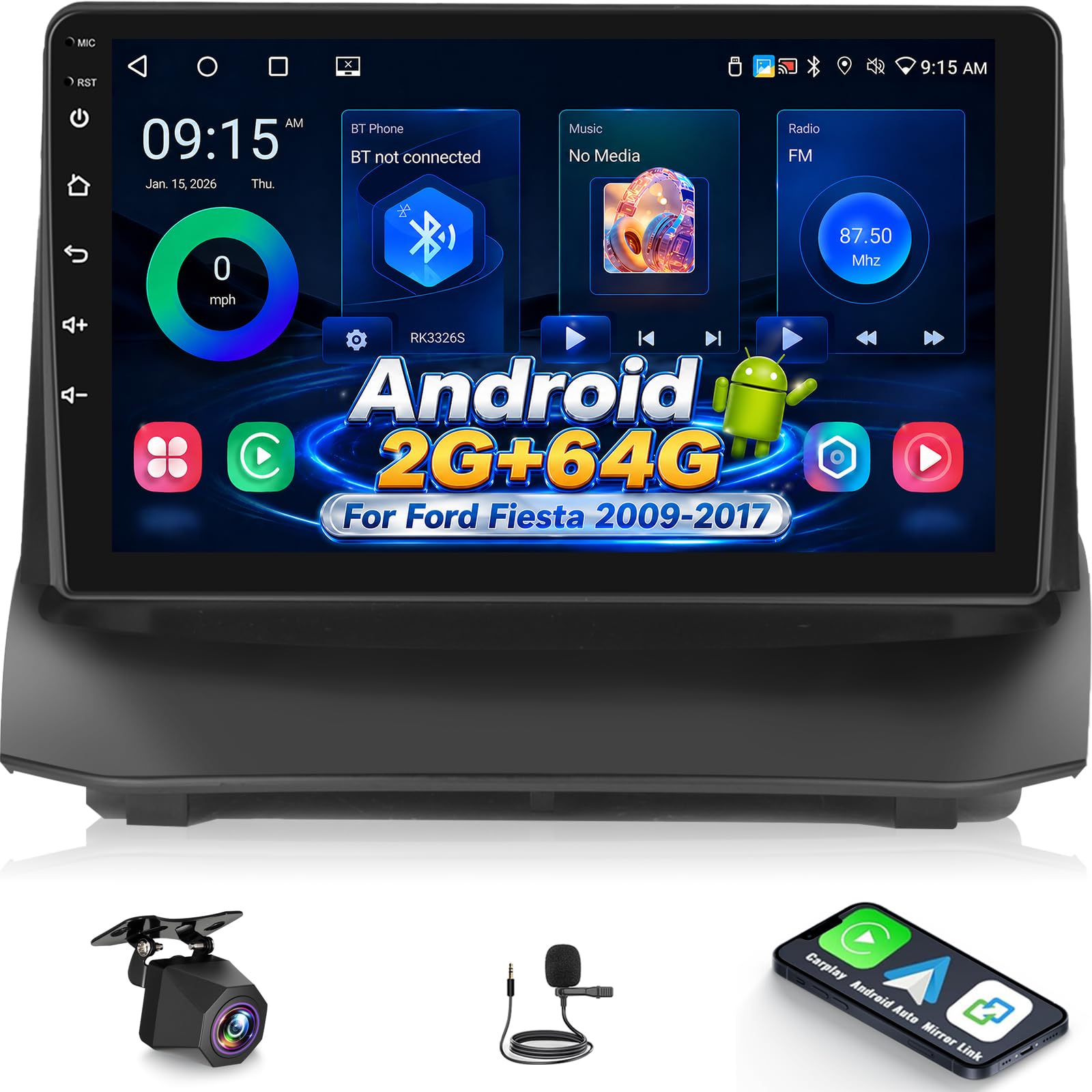 NHOPEEW Autoradio Android 2+64G per Ford Fiesta 2009-2017 con supporto per CarPlay wireless e Android Auto Mirror Link navigazione GPS comandi al volante 40 temi dell'interfaccia utente e video online